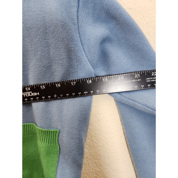 Plastic Island Cardigan Small Blue Green Colorblock V-Neck Preppy Knit Sweater - Picture 4 of 7